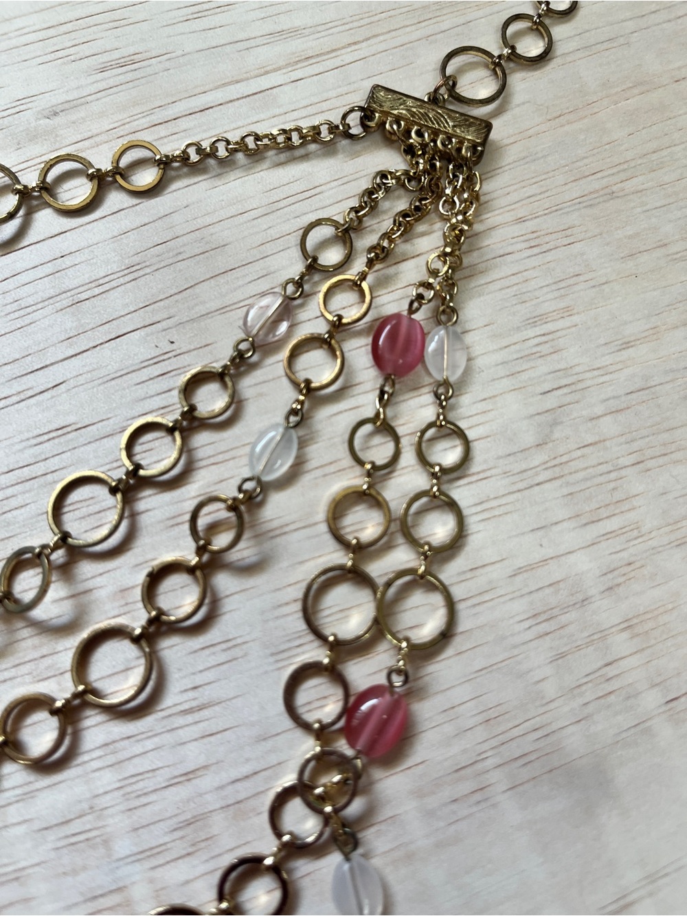 Layered Vintage Gold-Tone Necklace with Pink Beads